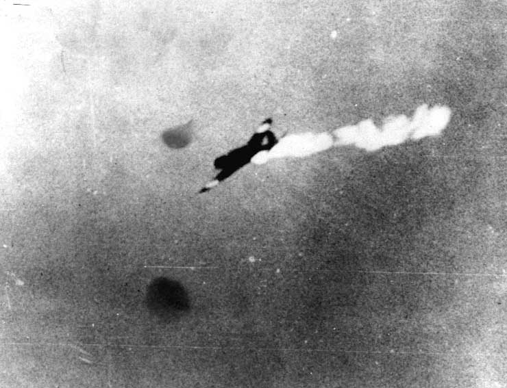B5N 'Kate' torpedo bomber getting hit by anti-aircraft fire, Battle of Coral Sea, 8 May 1942