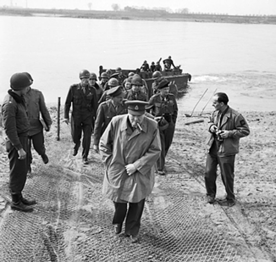Winston Churchill on the east bank of the Rhine River, south of Wesel, North Rhine-Westphalia, Germany, 25 Mar 1945