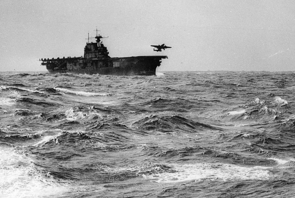 B-25B Mitchell bomber taking off from USS Hornet to raid Japan, Pacific Ocean, 18 Apr 1942