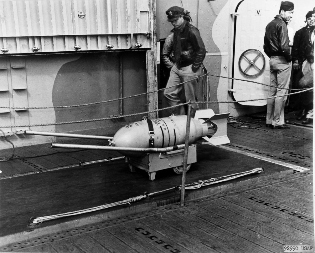 A bomb for a B-25 Mitchell bomber aboard USS Hornet, Apr 1942