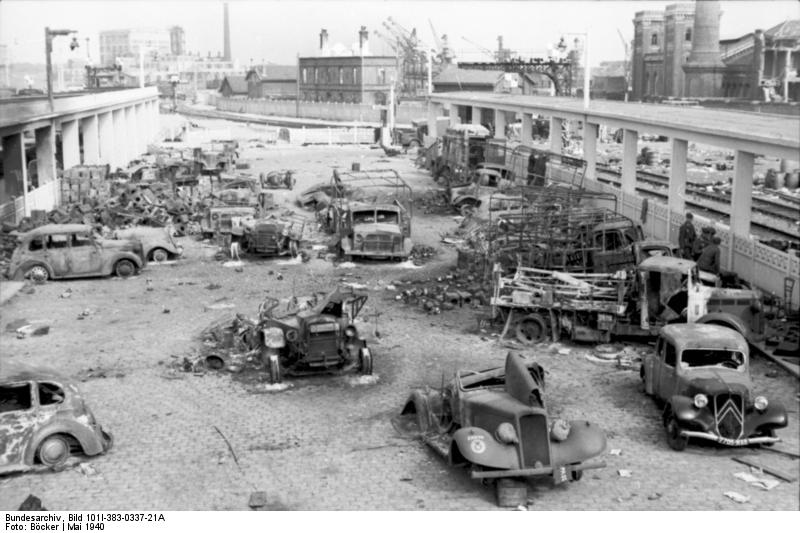 Destroyed cars on the streets of Calais, France, May 1940, photo 2 of 3