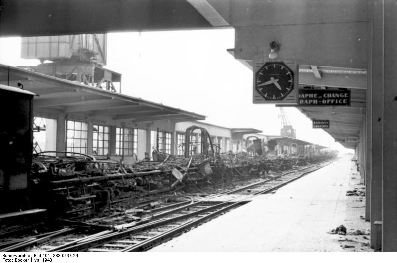 Damaged train at the rail station in Calais, France, May 1940