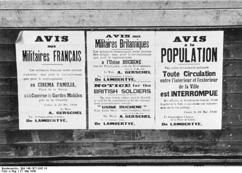 Posted notices in Calais, France just before German occupation, 27 May 1940