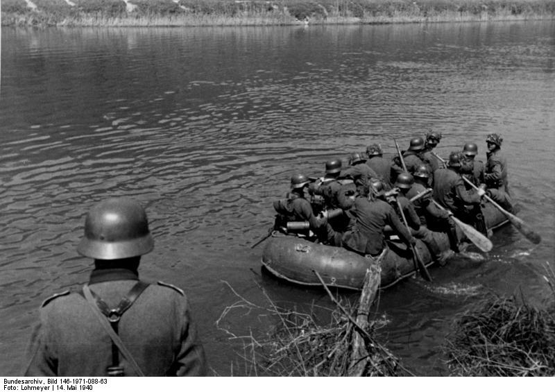 German troops crossing the Meuse River in a rubber raft, near Aiglemont, France, 14 May 1940