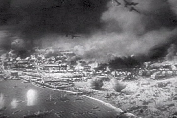 German Stuka dive bombers attacking Allied attempt to evacuate Dunkerque, France, Jun 1940; still from Frank Capra's 1943 film Why We Fight #3