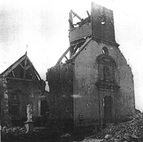 Destroyed church building in Martincourt-sur-Meuse, France, May 1940