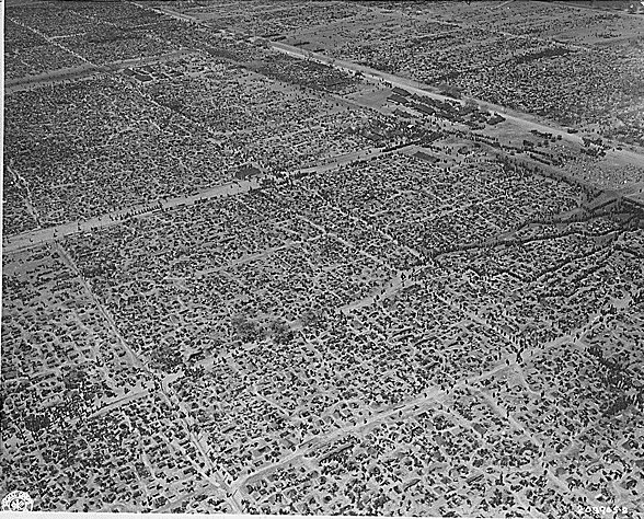 Aerial view of a camp for German prisoners of war, Germany, 1945