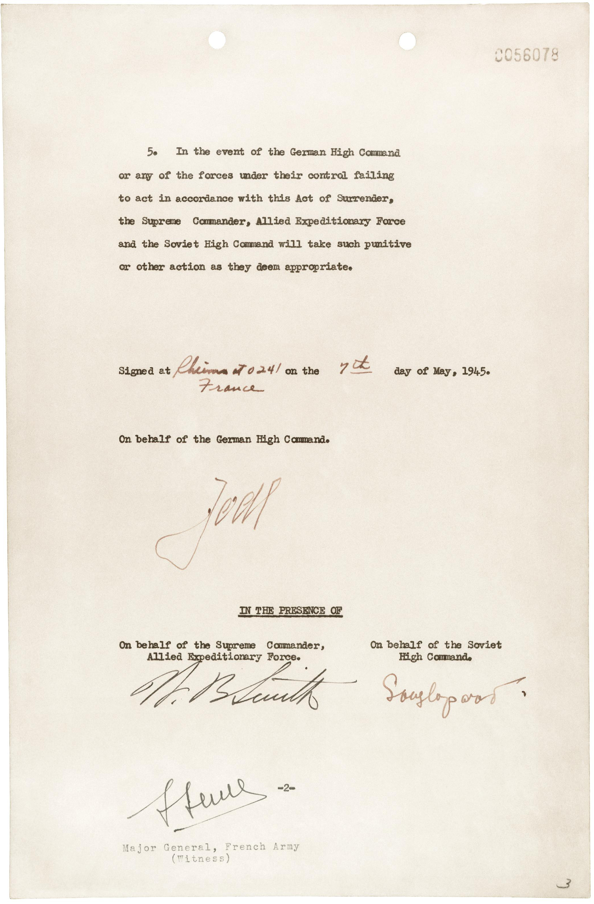German instrument of surrender, page 2 of 2; note signatures of Jodl, Smith, Sousloparov, and Sevez