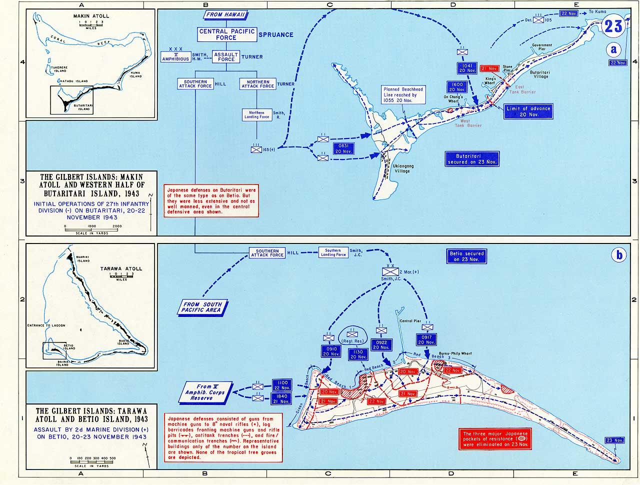 Map depicting the invasion of Makin and Tarawa Atolls, Gilbert Islands, 20-23 Nov 1943