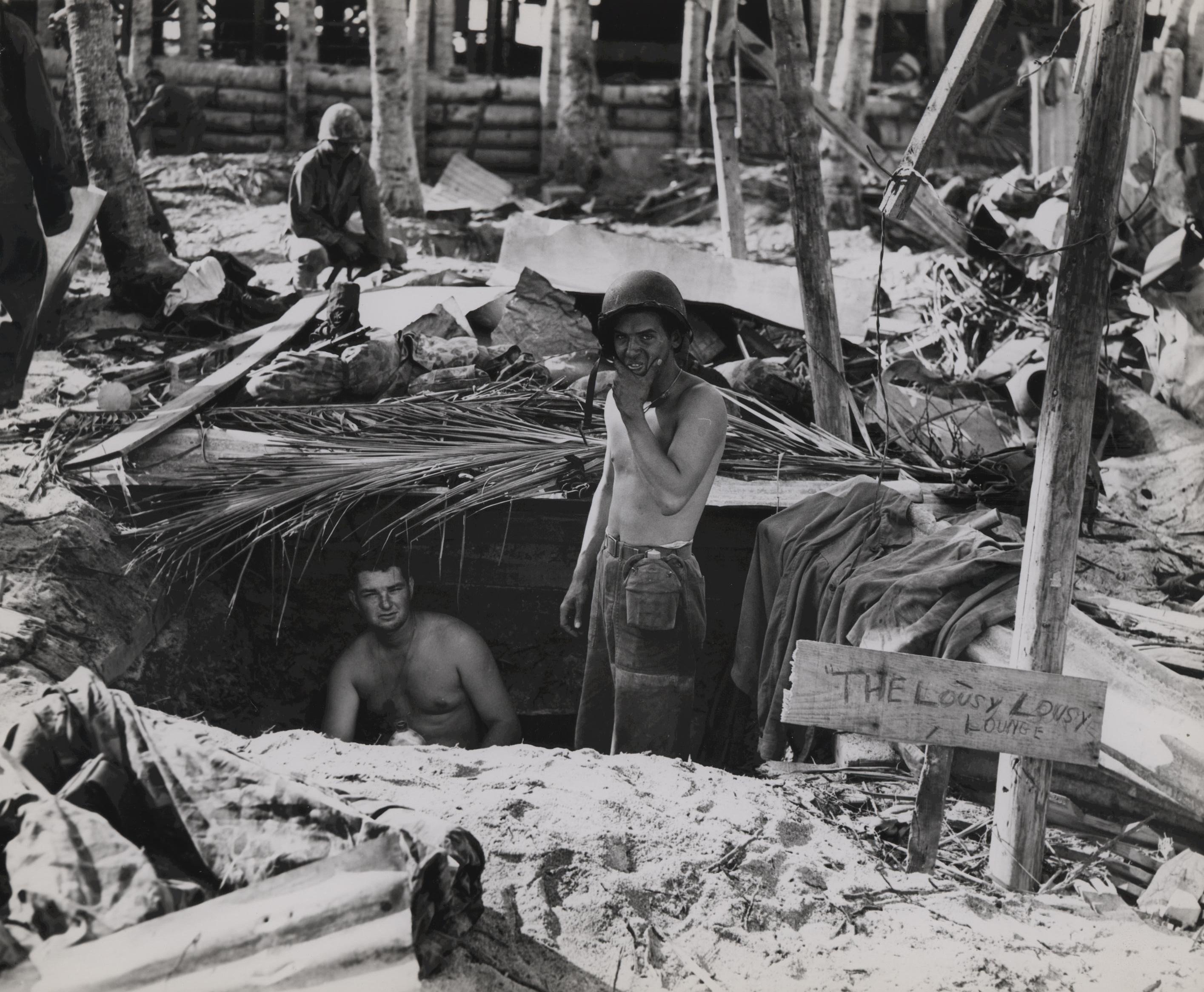 American base at Tarawa, Gilbert Islands, Nov 1943; note sign 'The Lousy Lousy Lounge'