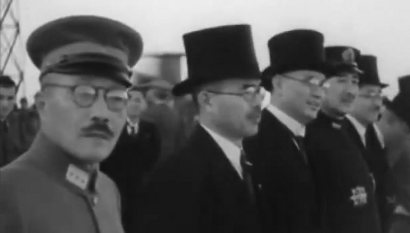 Hideki Tojo (first from left), Mamoru Shigemitsu (third from left) and other Japanese representatives awaiting the arrival of attendees of Greater East Asia Conference, Tokyo, Japan, 5 Nov 1943