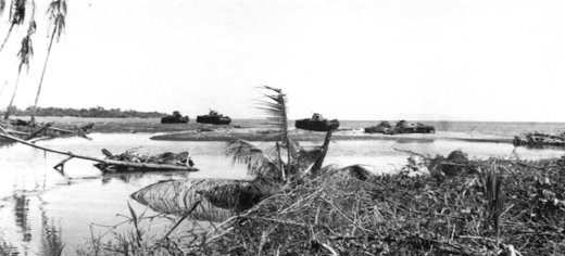 Destroyed tanks of Japanese 1st Independent Tank Company at the mouth of the Matanikau River, Guadalcanal, Solomon Islands, Oct 1942, photo 1 of 2