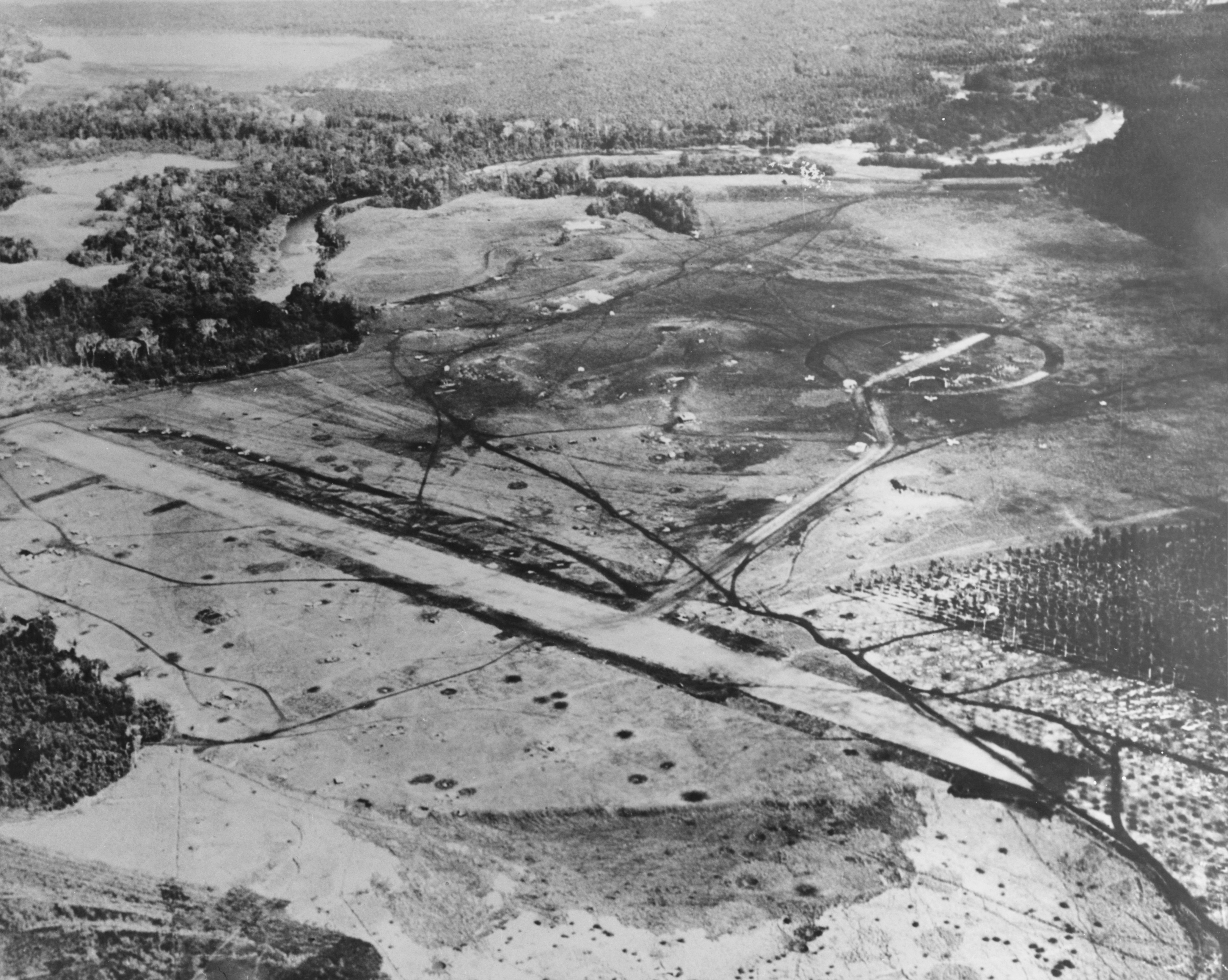 Lunga Point Airfield/Henderson Field, seen from USS Saratoga aircraft, Guadalcanal, Solomon Islands, Aug 1942