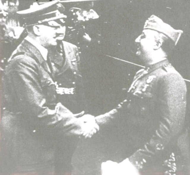 Adolf Hitler and Francisco Franco shaking hands, Hendaye train station, France, 23 Oct 1940