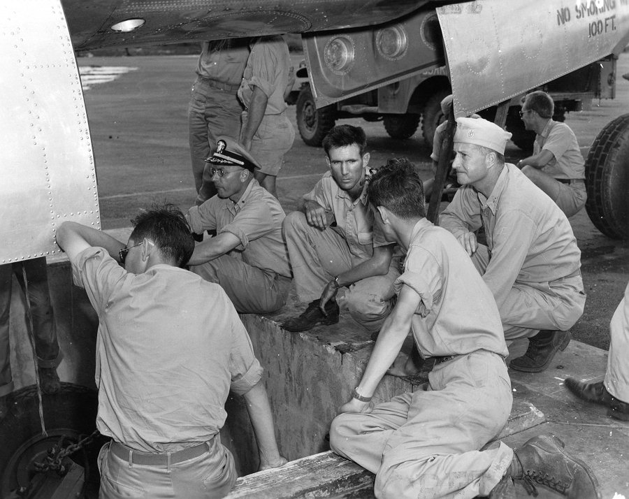 Loading 'Little Boy' bomb into B-29 bomber 'Enola Gay', Tinian, Mariana Islands, 6 Aug 1945, photo 1 of 8