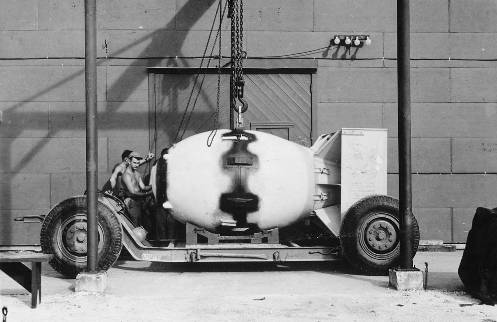 Atomic bomb 'Fat Man' on a transport carriage, Tinian, Mariana Islands, Aug 1945