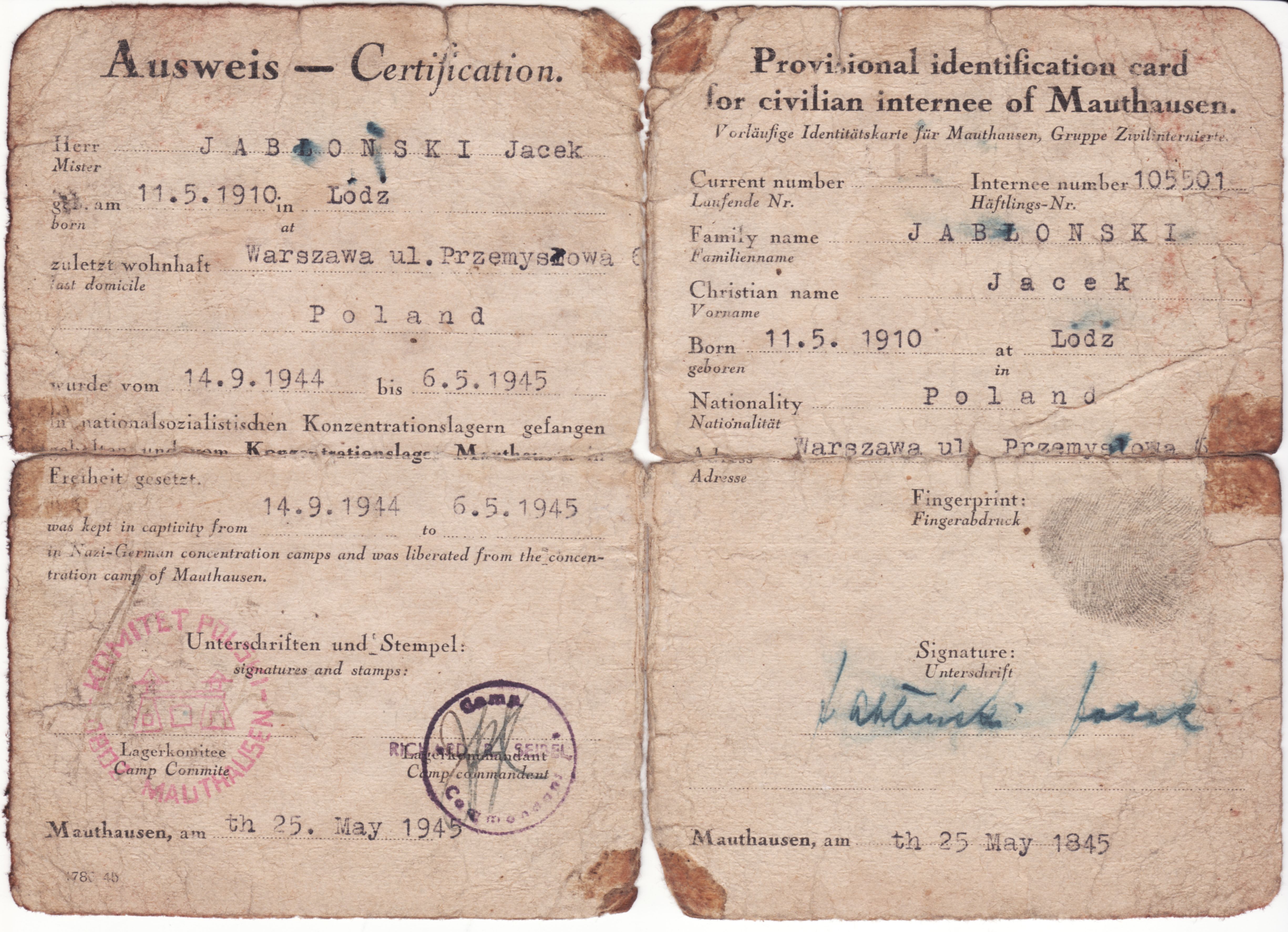 Post-liberation identification paper of former Mauthausen-Gusen Concentration Camp prisoner Jacek Jablonski, issued by the US Army on 25 May 1945