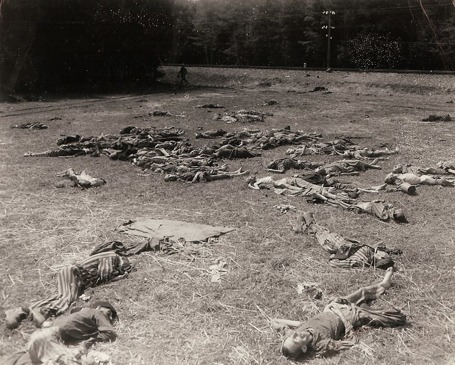 Victims at the Landsberg Concentration Camp, Landsberg am Lech, Germany, Apr-May 1945; General Charles Palmer described them as having suffered from typhus and lice
