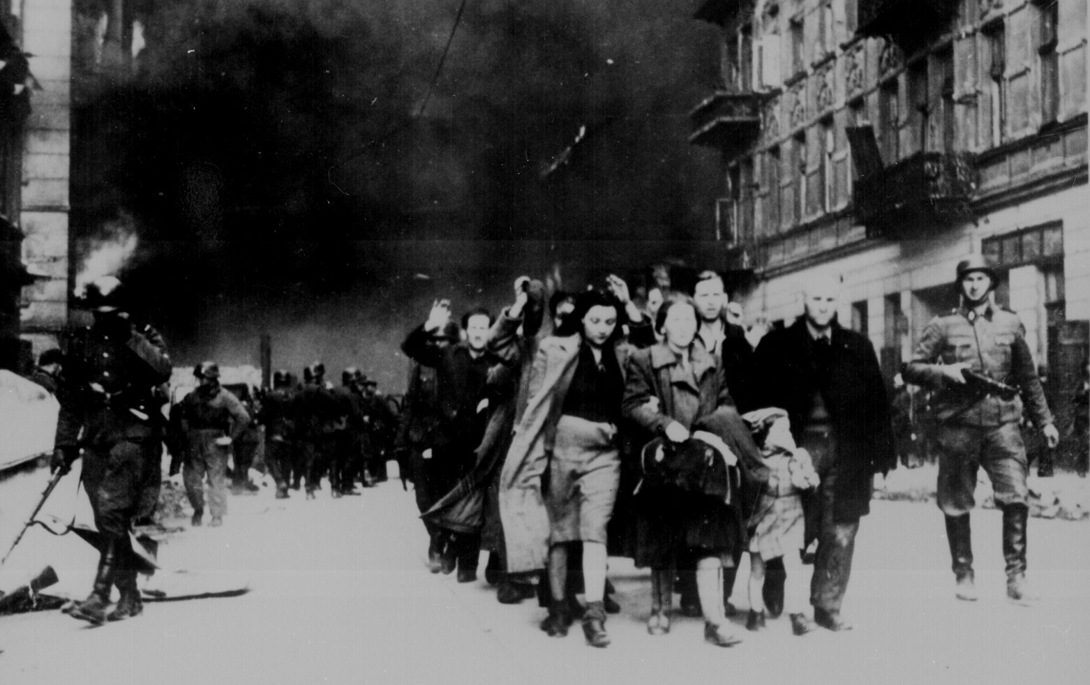 Jewish civilians rounded up during the destruction of the Warsaw Ghetto, Poland, Apr-May 1943