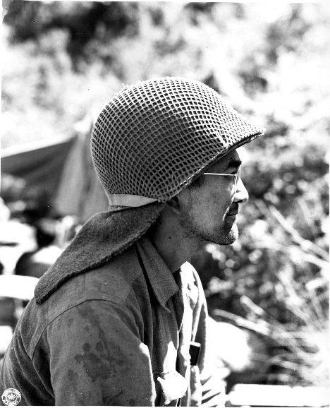 Japanese-American sniper of 100th Infantry Battalion of US 442nd Regimental Combat Team in Castellina Sector, near Livorno, Italy, 15 Jul 1944