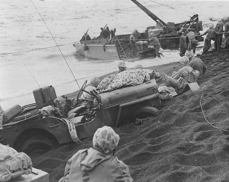 Mired Jeep on an Iwo Jima beach, circa 19-21 Feb 1945