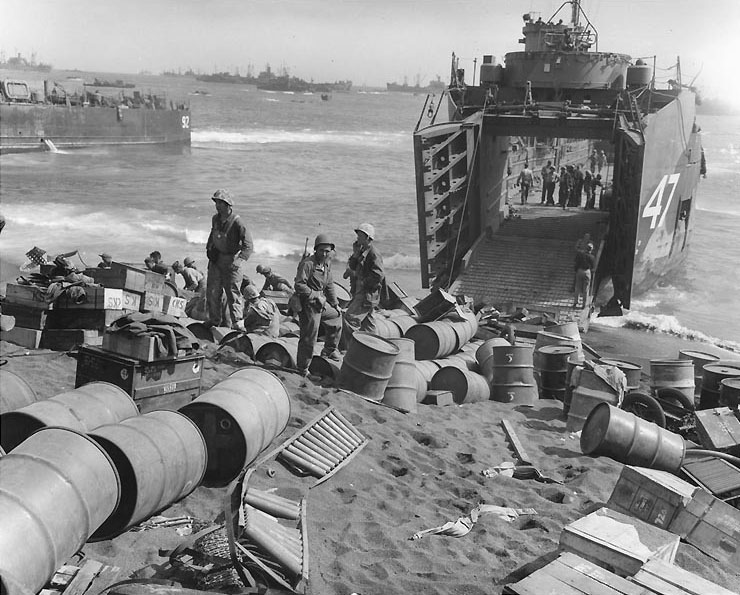 LSM-47 unloading on an Iwo Jima beach, circa 25 Feb 1945