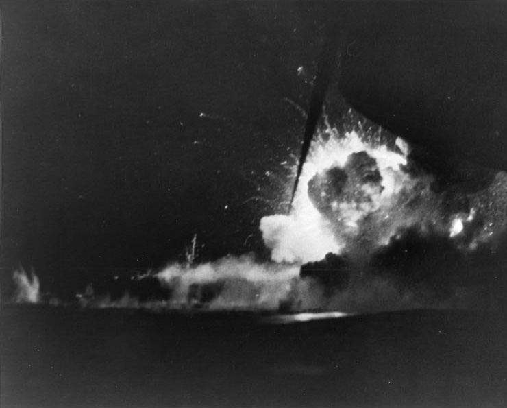 Carrier Bismarck Sea erupted in flames as she was hit by a special attack aircraft off Iwo Jima, night of 21 Feb 1945