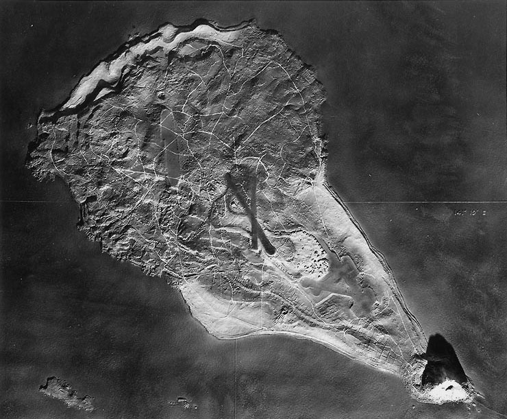 Relief Map of Iwo Jima used to brief US carrier pilots; this photo was filed 6 Apr 1945