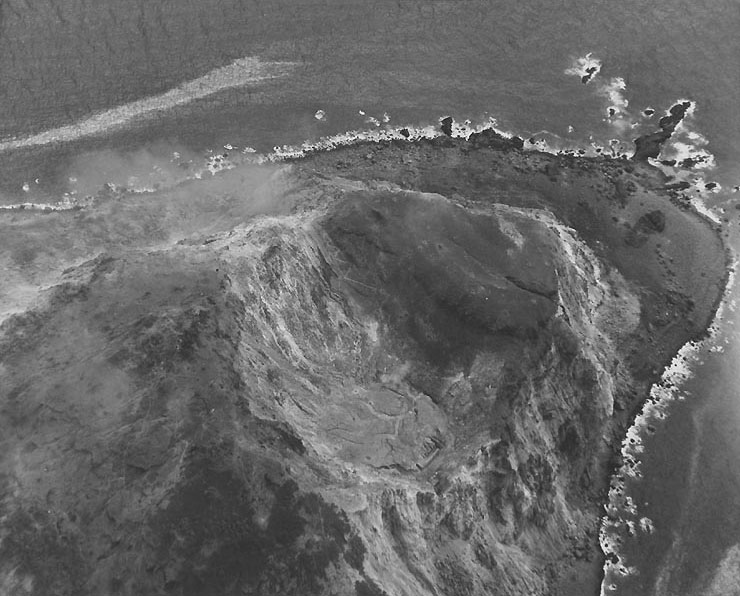 Aerial view of Mount Suribachi, 20 Feb 1945