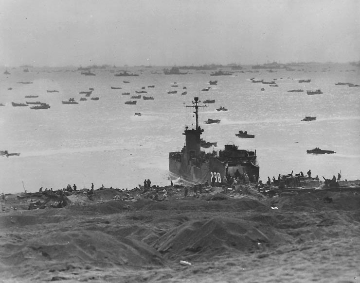 LSM-238 unloading on an Iwo Jima Beach, Japan, circa 21-25 Feb 1945