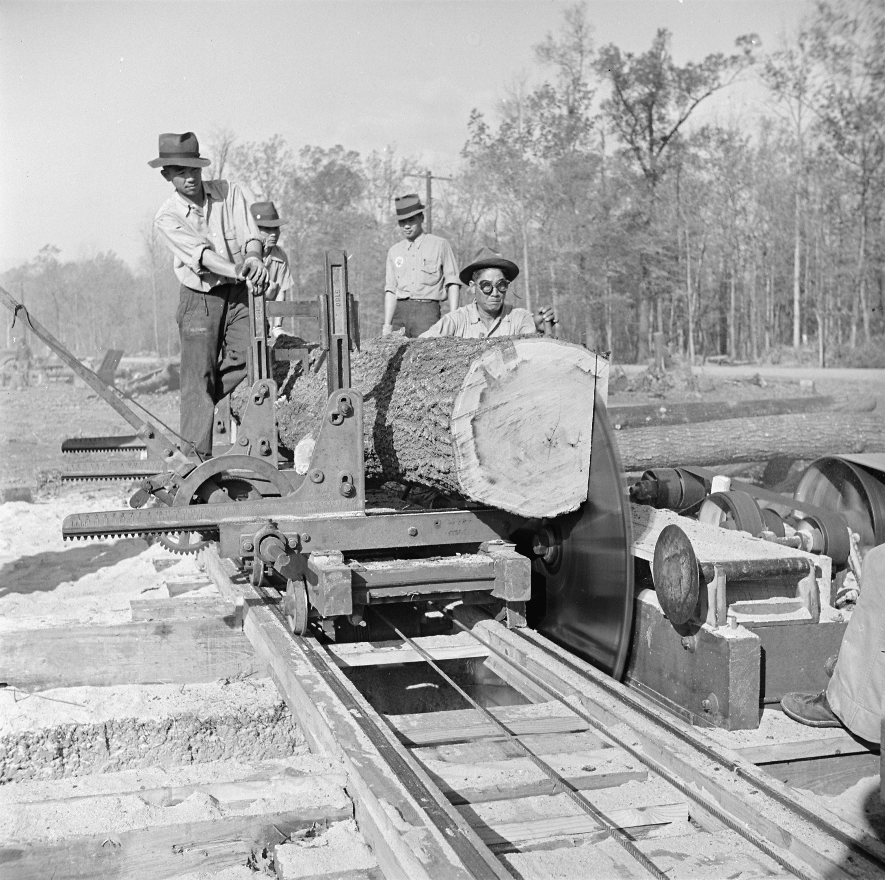 Men working at a saw mill, Jerome War Relocation Center, Arkansas, United States, 16 Nov 1942, photo 1 of 2