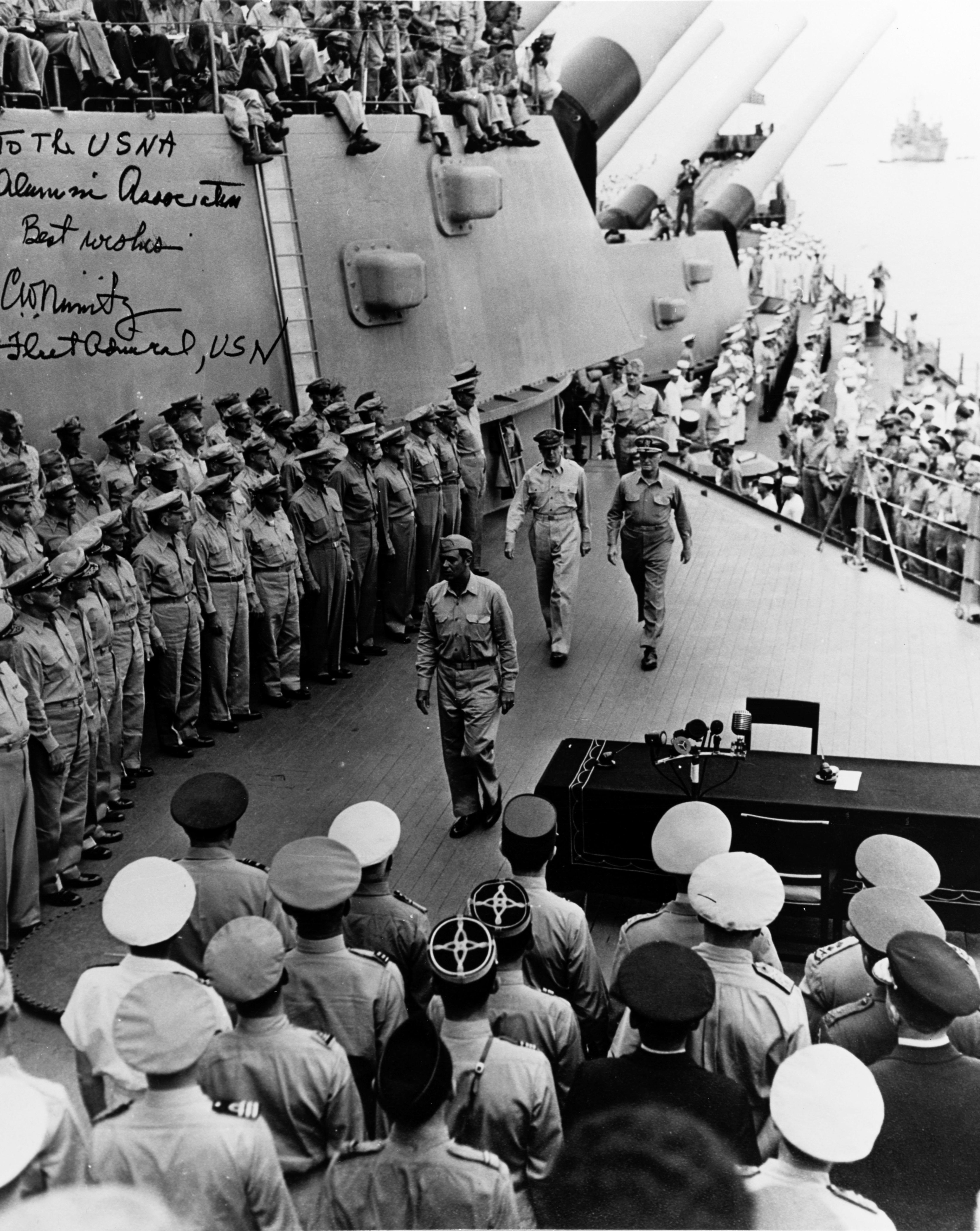 MacArthur and Nimitz aboard USS Missouri, 2 Sep 1945. Photo 2 of 3
