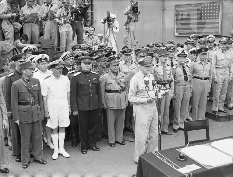 General Douglas MacArthur speaking aboard USS Missouri, Tokyo Bay, Japan, 2 Sep 1945, 4 of 4