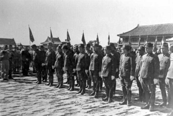 Hiroshi Nemoto and other Japanese officers at the Forbidden City for the Japanese surrender ceremony, Beiping, China, 10 Oct 1945, photo 1 of 3