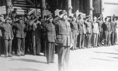 General Sun Lianzhong and other officers at the closing of the Japanese surrender ceremony at the Forbidden City, Beiping, China, 10 Oct 1945, photo 2 of 3
