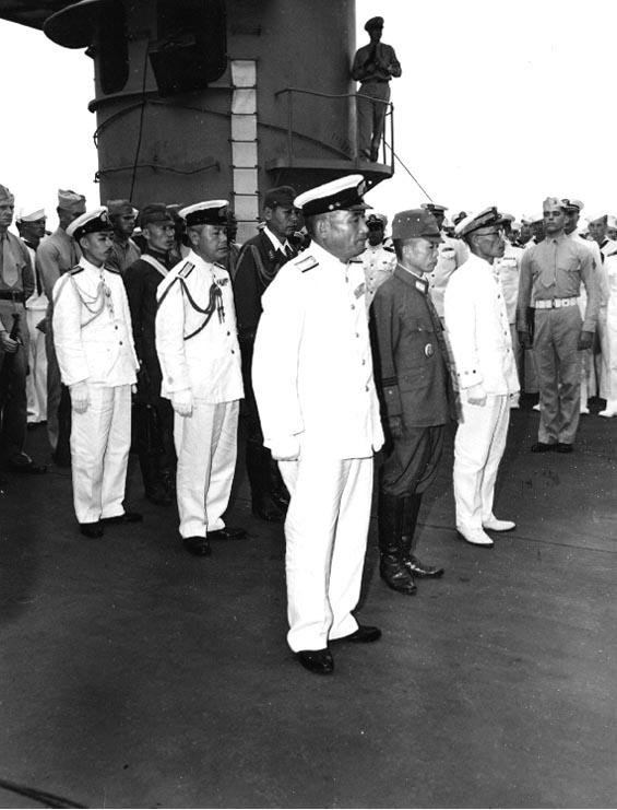 Japanese delegation aboard USS Portland to surrender Truk, Caroline Islands, 2 Sep 1945, 2 of 3