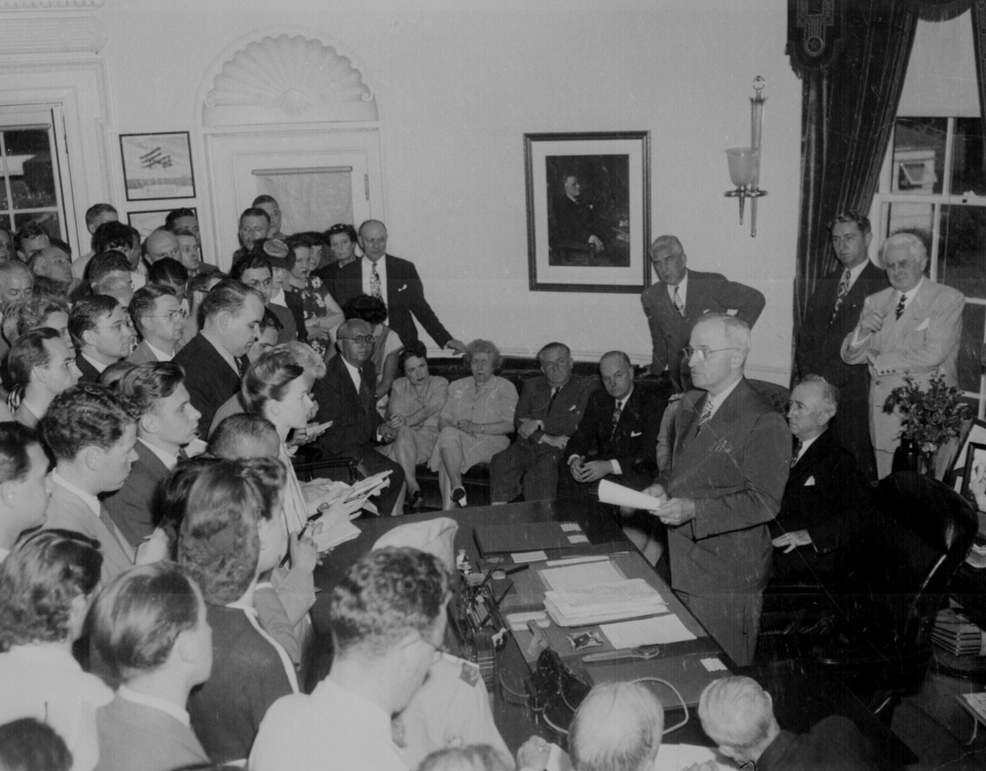 Harry Truman announcing Japan's surrender at the White House, Washington, DC, United States, 14 Aug 1945