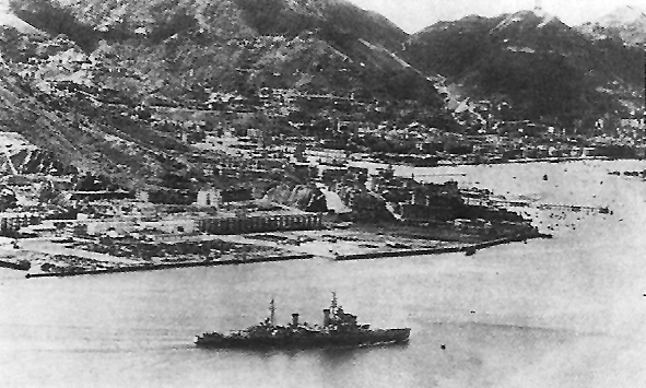 Cruiser HMS Swiftsure entering Victoria Harbour, Hong Kong through North Point, 30 Aug 1945