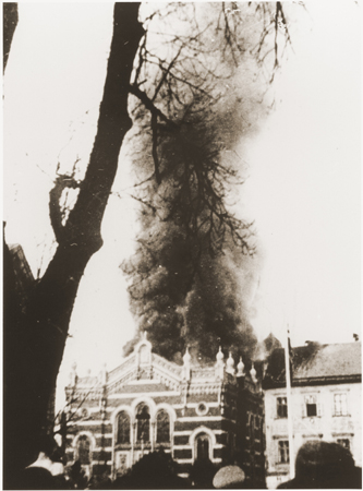 The Synagogue of Opava in Sudetenland, Germany burning during Kristallnacht, 10 Nov 1938