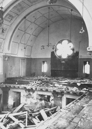 Prayer books scattered on the floor of the choir loft in the Zerrennerstraße synagogue in Pforzheim, Germany, circa Nov 1938, photo 1 of 2