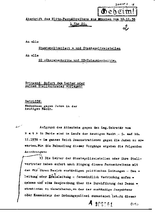 Telegram from Reinhard Heydrich coordinating SD involvement in Kristallnacht, 10 Nov 1938, page 1 of 4