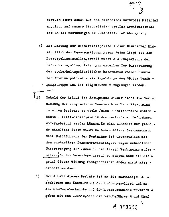 Telegram from Reinhard Heydrich coordinating SD involvement in Kristallnacht, 10 Nov 1938, page 3 of 4