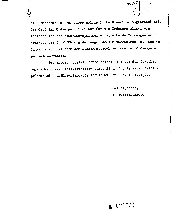 Telegram from Reinhard Heydrich coordinating SD involvement in Kristallnacht, 10 Nov 1938, page 4 of 4