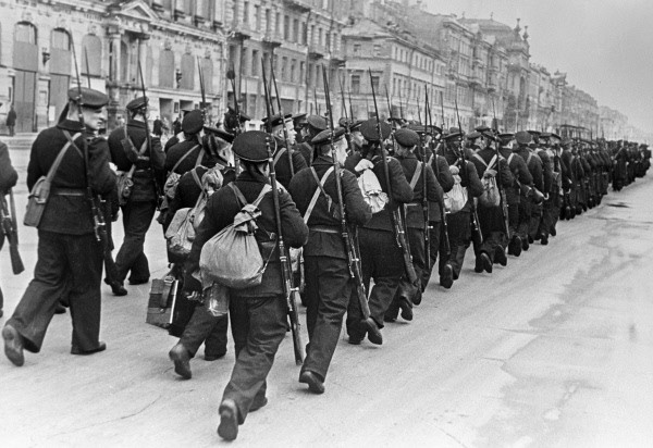 Soviet sailors marching in Leningrad, Russia, 1 Oct 1941