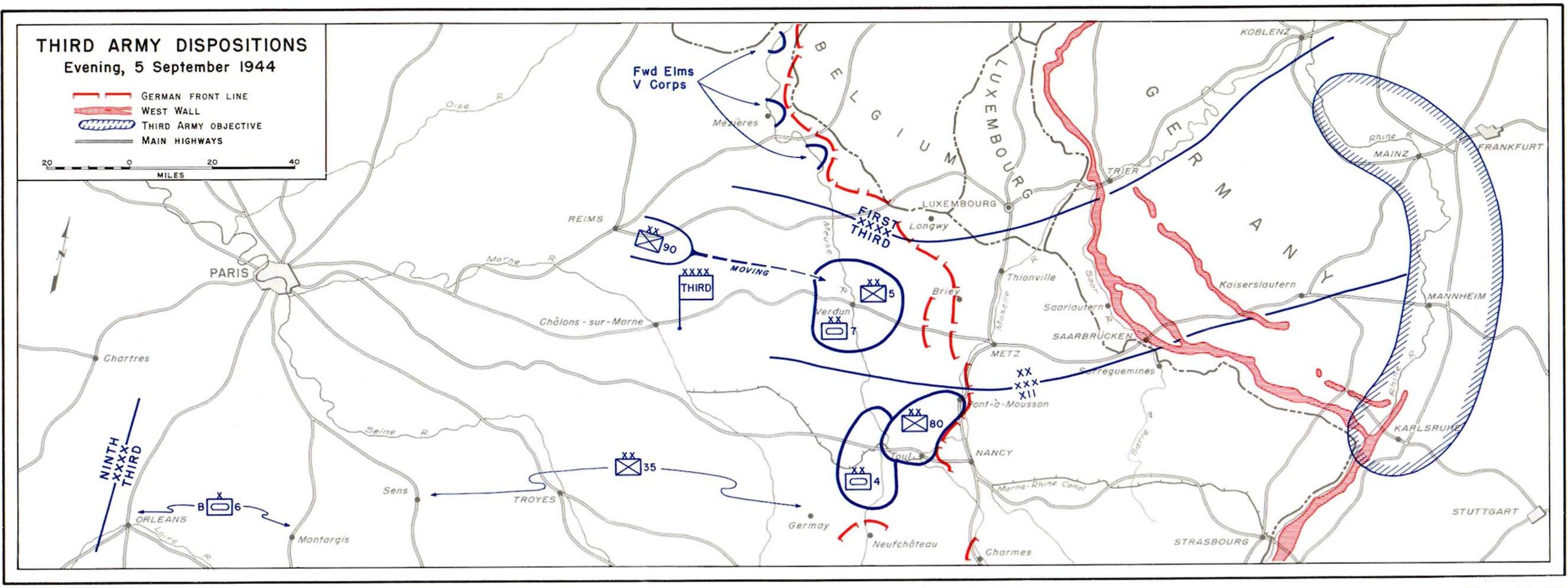 Map depicting the dispositions of the US 3rd Army at the evening of 5 Sep 1944