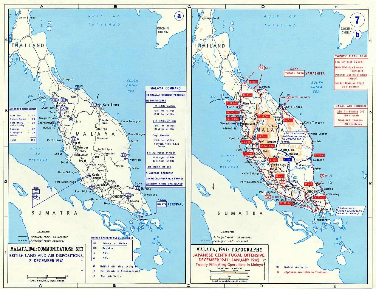 Maps depicting British dispositions in Malaya and Singapore on 7 Dec 1941 and the Japanese advance from Dec 1941 to Jan 1942