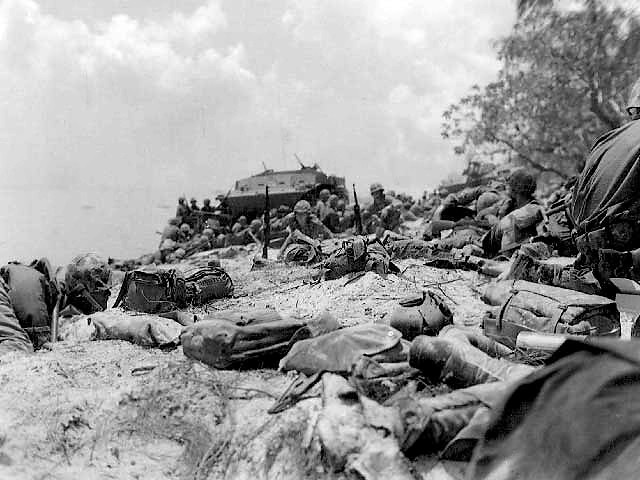 Americans landing on Red Beach #2, Saipan, Mariana Islands, at 1300 on 15 Jun 1944