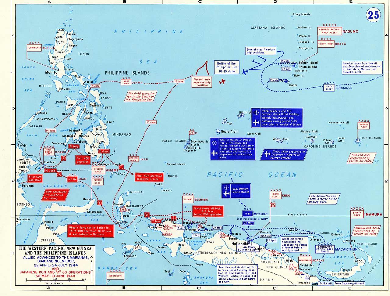 Map detailing Allied advances in New Guinea and the Mariana Islands, 22 Apr-24 Jul 1944