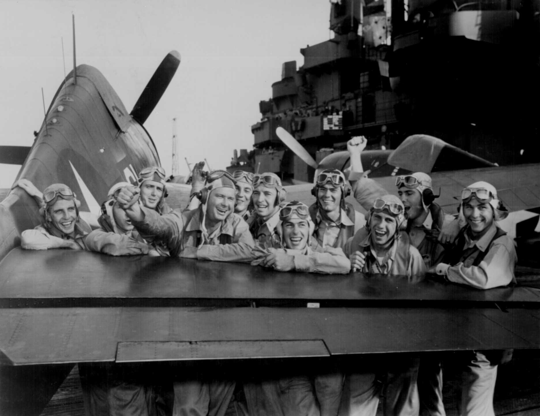 Lexington pilots celebrated a successful attack on the Marshall Islands, Nov 1943