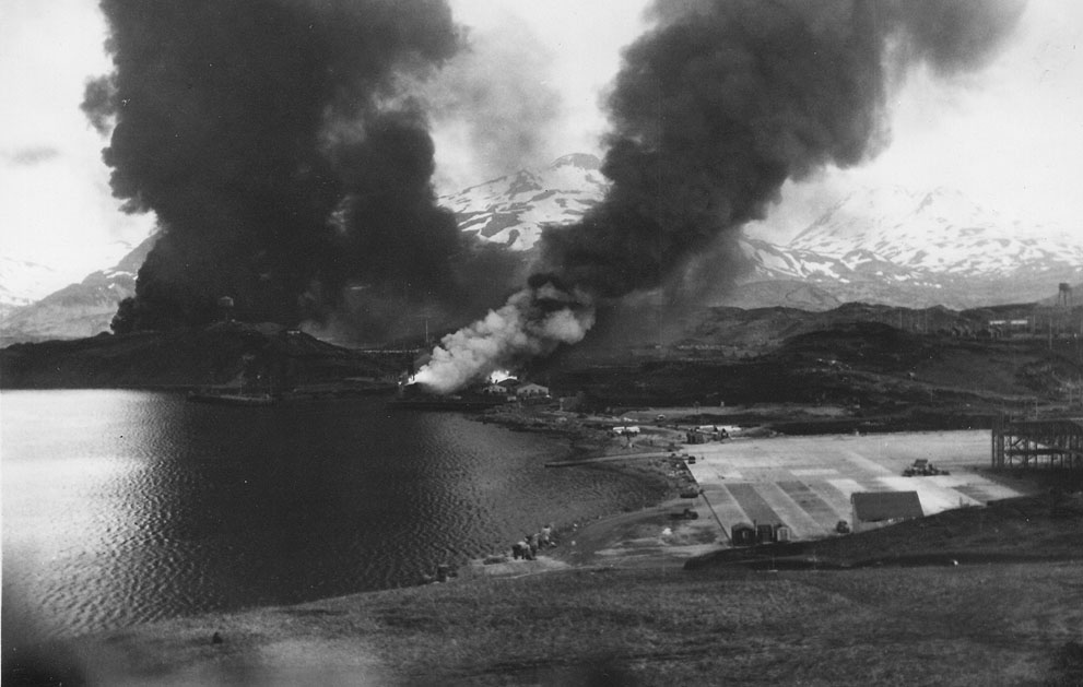 Burning ship and oil storage at Dutch Harbor, US Territory of Alaska, 4 Jun 1942, photo 2 of 2